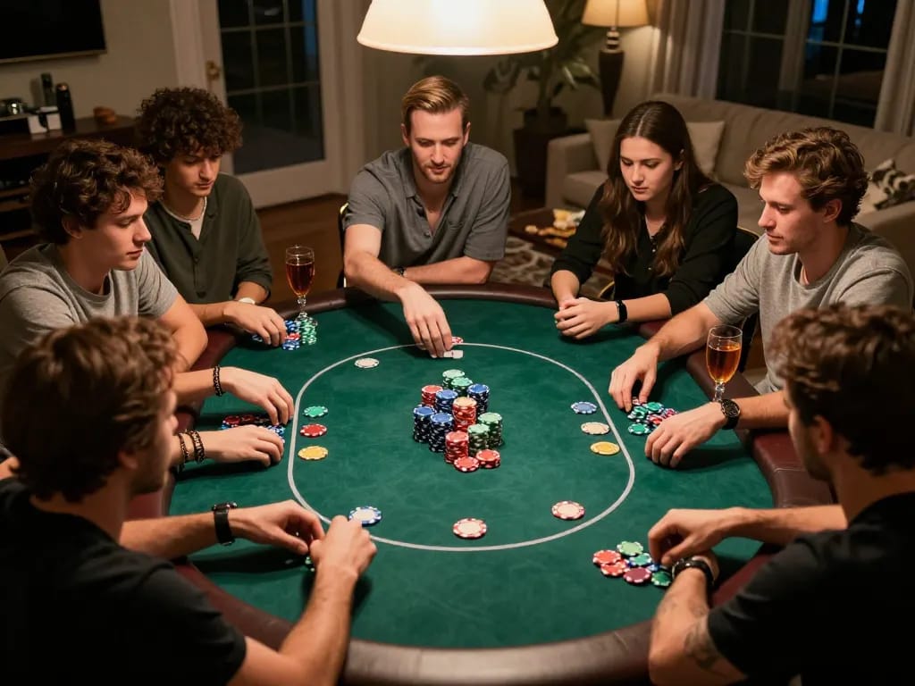Engagement in a lively home poker game, showcasing strategic interactions over Đá gà thomo bets.