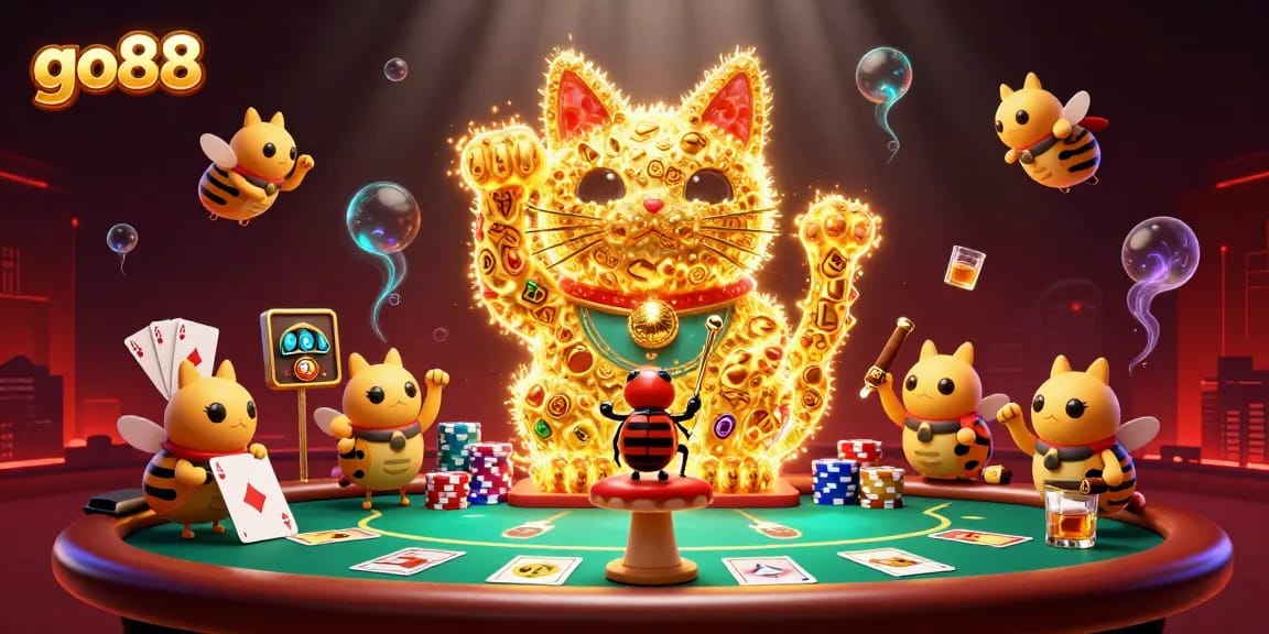 Engage with go88 through vibrant casino-themed visuals, showcasing a lucky cat amidst poker elements.