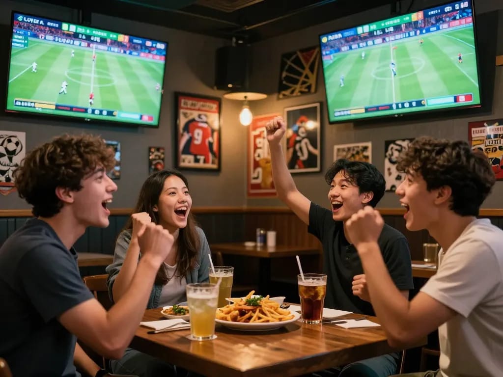 Friends celebrating a football match while discussing kèo nhà cái odds in a sports bar.