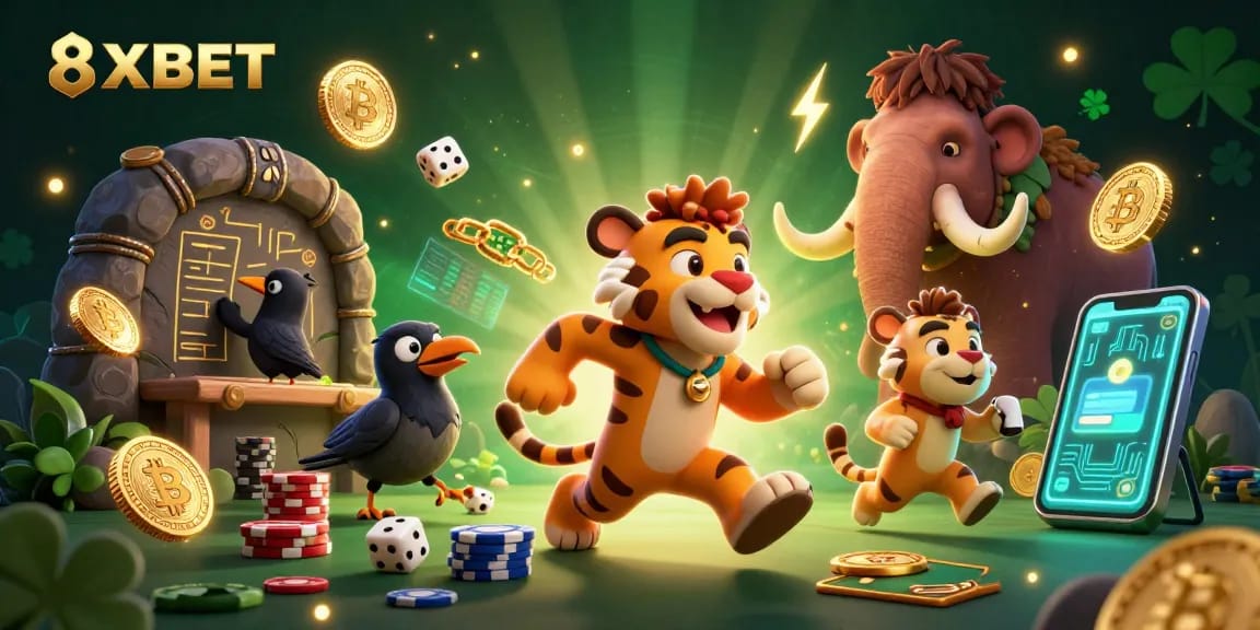 Experience thrilling games at 8XBET in a vibrant 3D casino scene filled with crypto excitement.