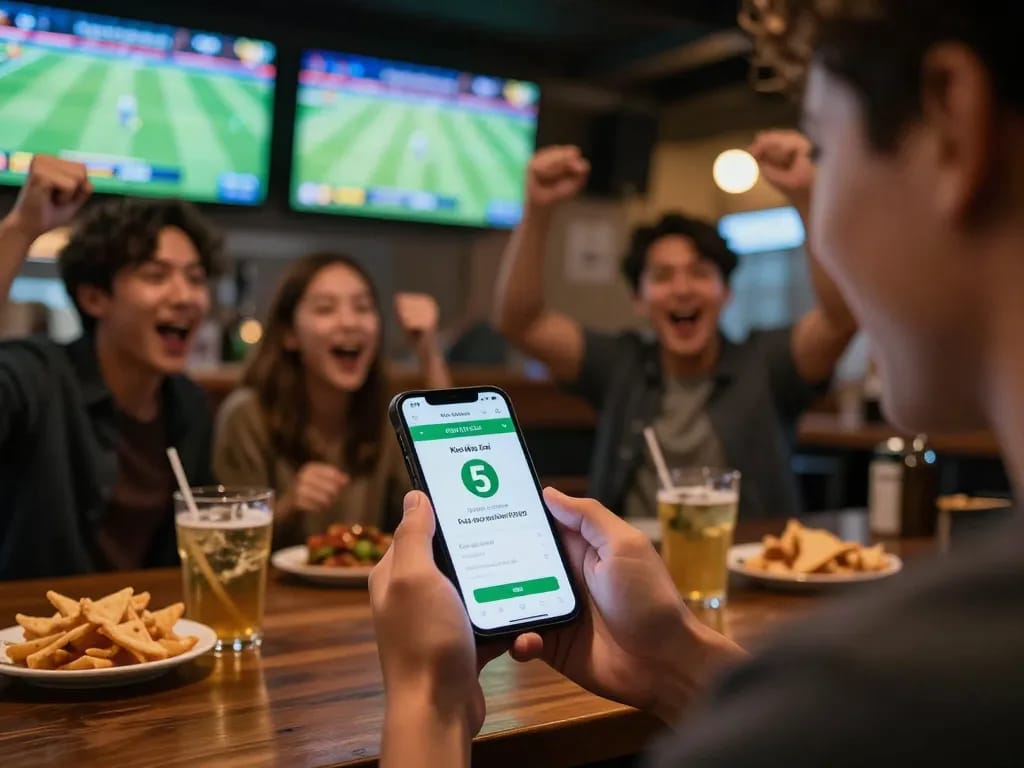 Watch the Keo nha cai 5 app in a vibrant sports bar during a live betting event.