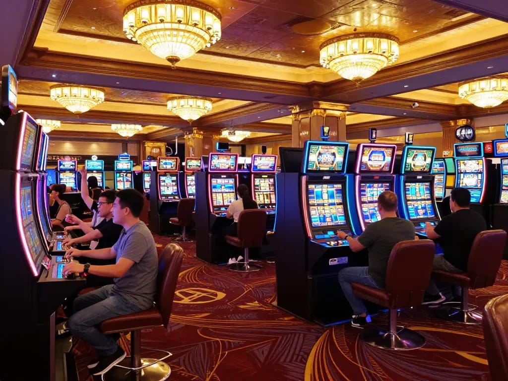 Players celebrating a win at LV88 casino's colorful slot machines, creating an exciting atmosphere