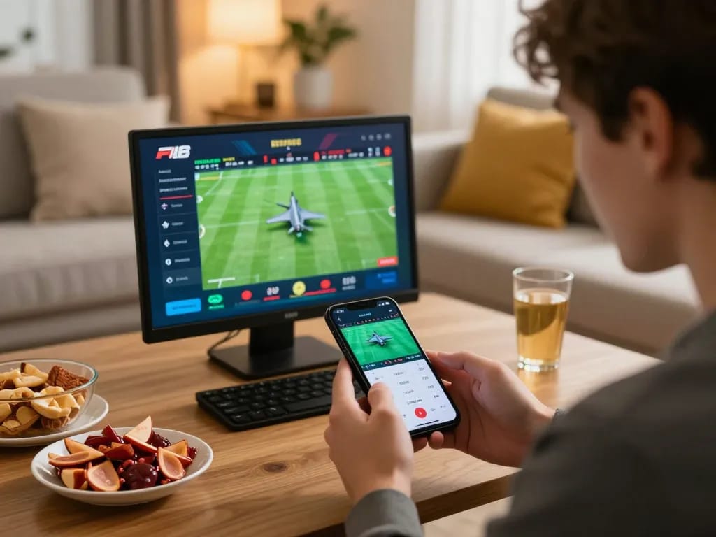 Engaging player using the f168 app in a cozy living room for sports betting excitement