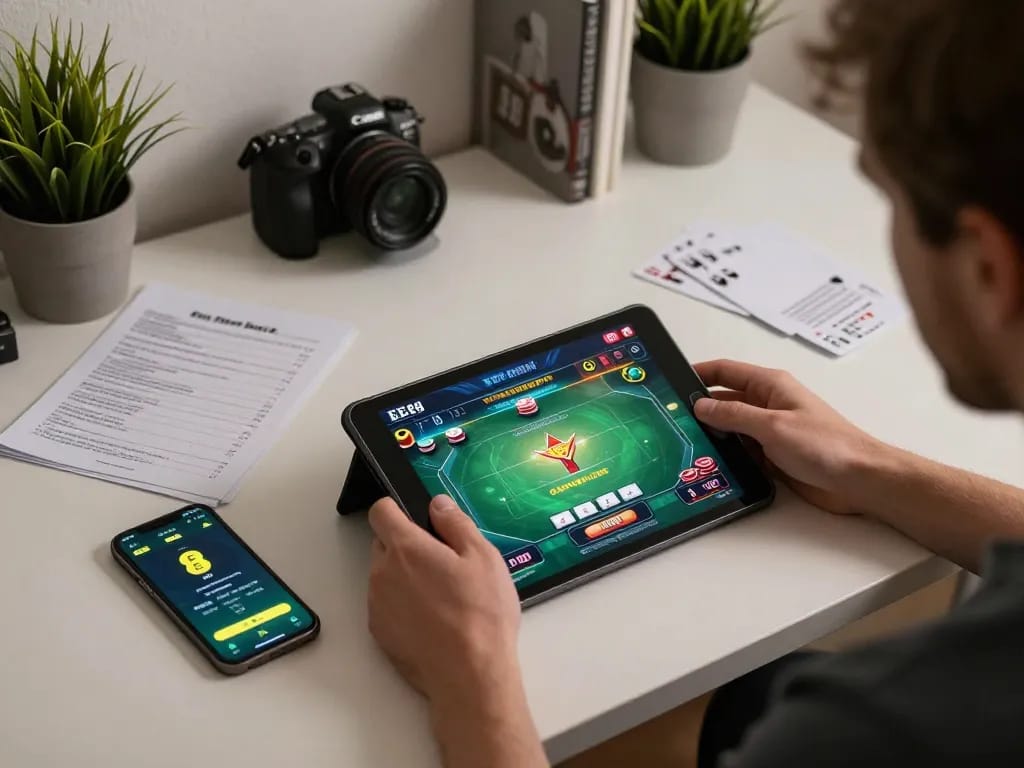 Player enjoying online poker with EE88 app on tablet, showcasing strategic gaming setup.
