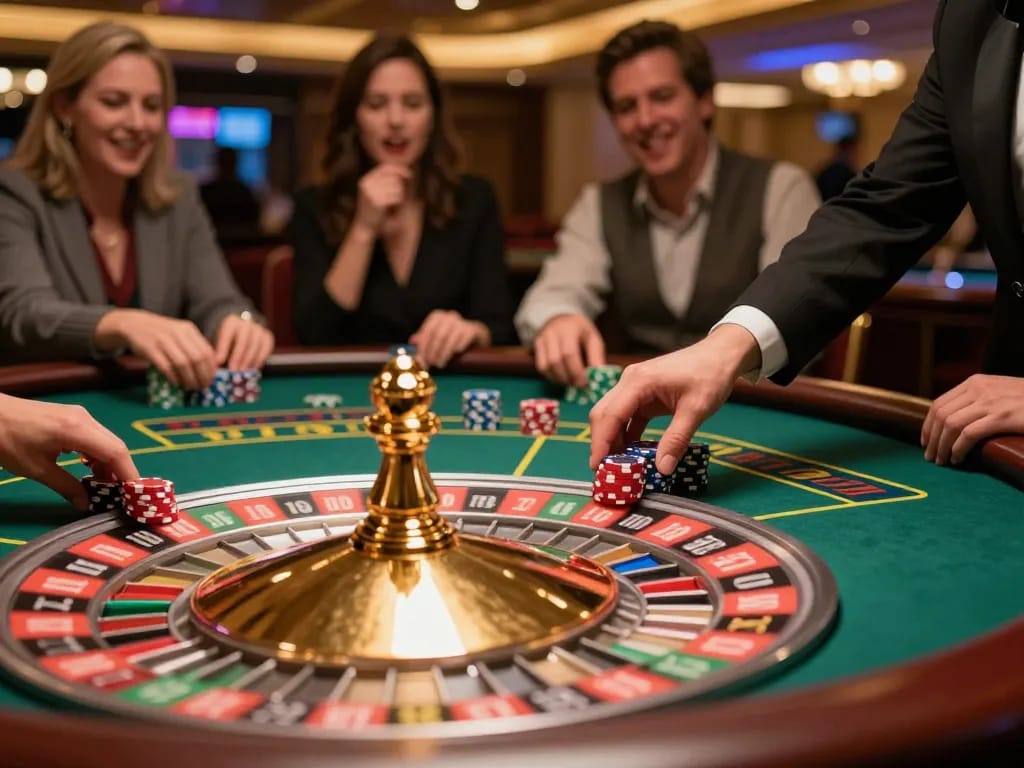 Players placing bets at a kkwin roulette table, showcasing excitement and vibrant casino atmosphere.