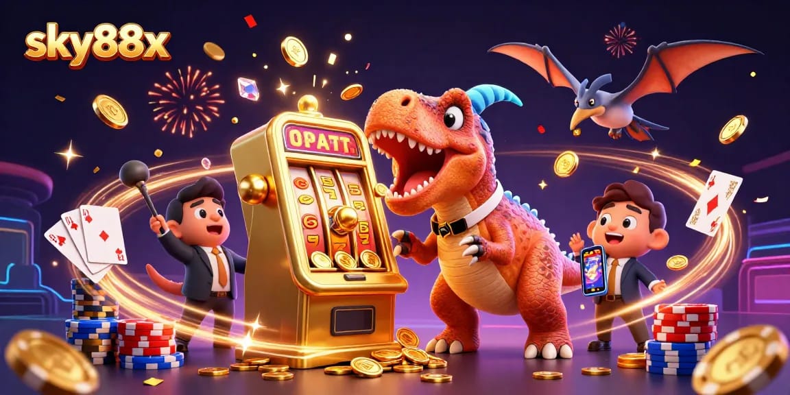 Sky88x showcases an exhilarating casino scene with animated dinosaurs in action.
