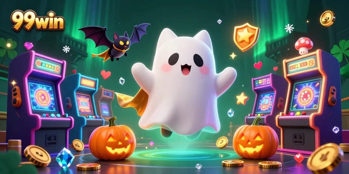 Engage with the vibrant 99win casino-themed illustration showcasing a friendly ghost cat and vampire bat amid exciting gaming elements.