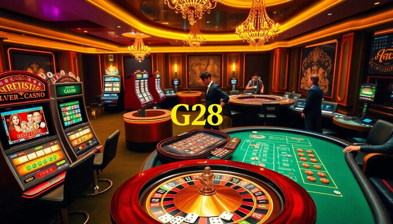 Engaging scene of online gambling at G28 with poker tables, slot machines, and roulette wheel.