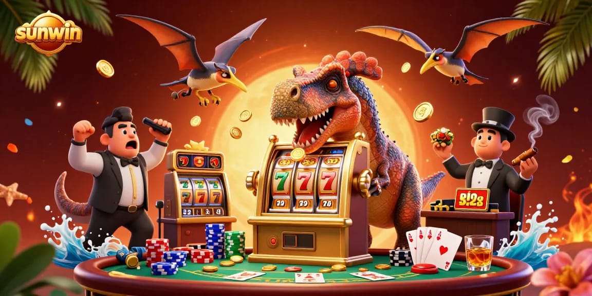 sunwin showcases a thrilling scene with a cartoon dinosaur winning coins at a vibrant slot machine.
