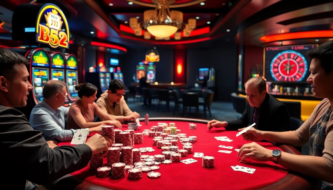 Exciting review of b52 casino experience showcasing poker chips and a roulette wheel.
