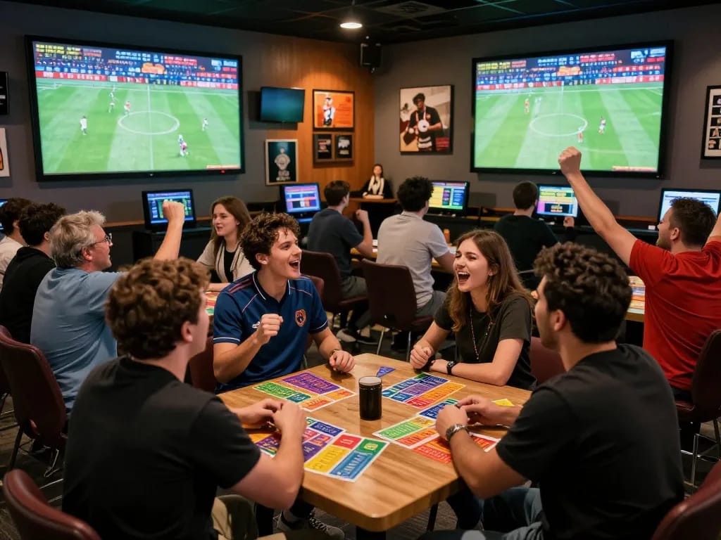 Engaged sports bettors analyzing live odds at a lounge, showcasing 7m excitement in thrilling match moments.