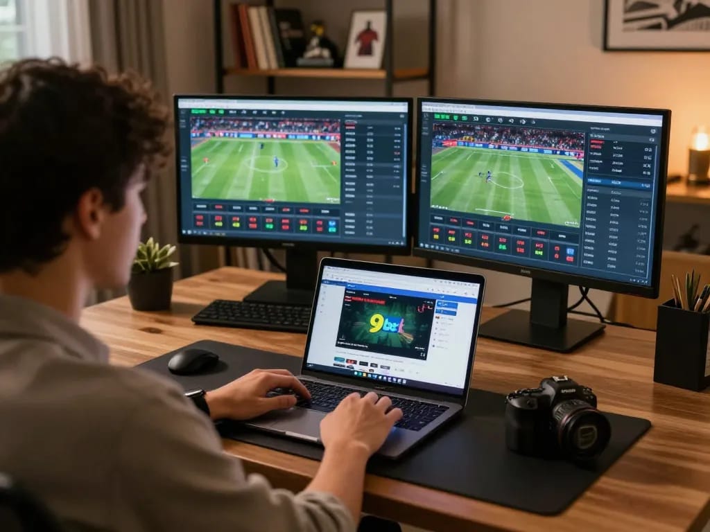 Engaged gambler placing strategic bets on 9bet with multiple screens in a modern home office