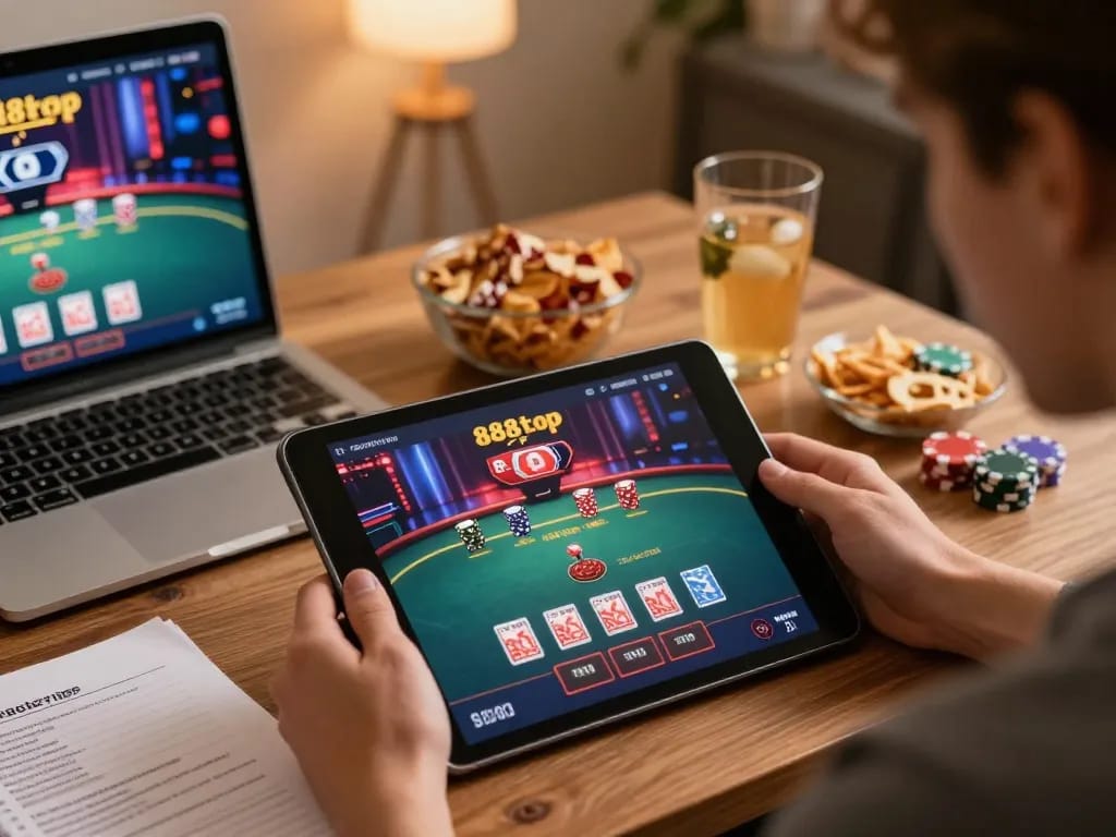 Betting on live poker at 888top app with tablet in cozy home setting.