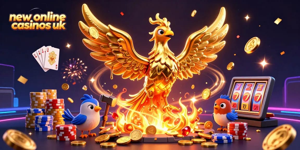 Experience the thrill of new online casinos uk with an exciting 3D casino scene showcasing a golden phoenix and dynamic gameplay elements.