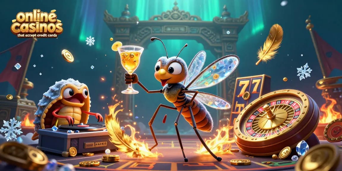Engaging scene showcasing online casinos that accept credit cards with a casino mascot and festive gaming elements.