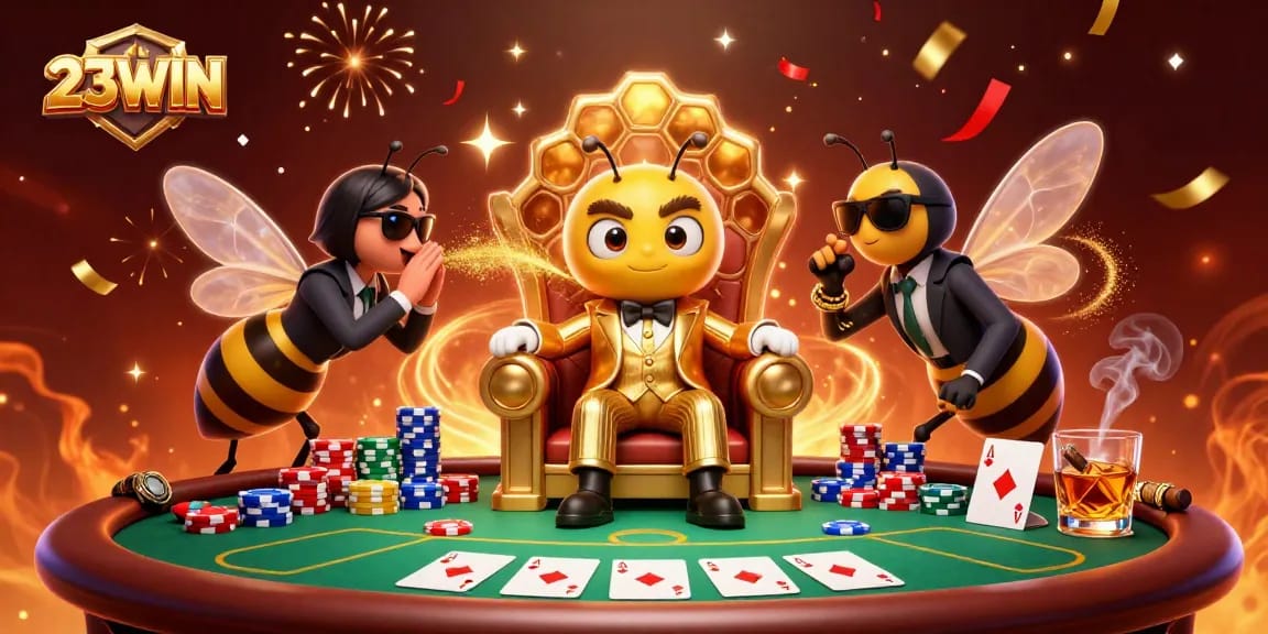 Win big with 23WIN in this vibrant casino scene featuring lively characters and poker elements.