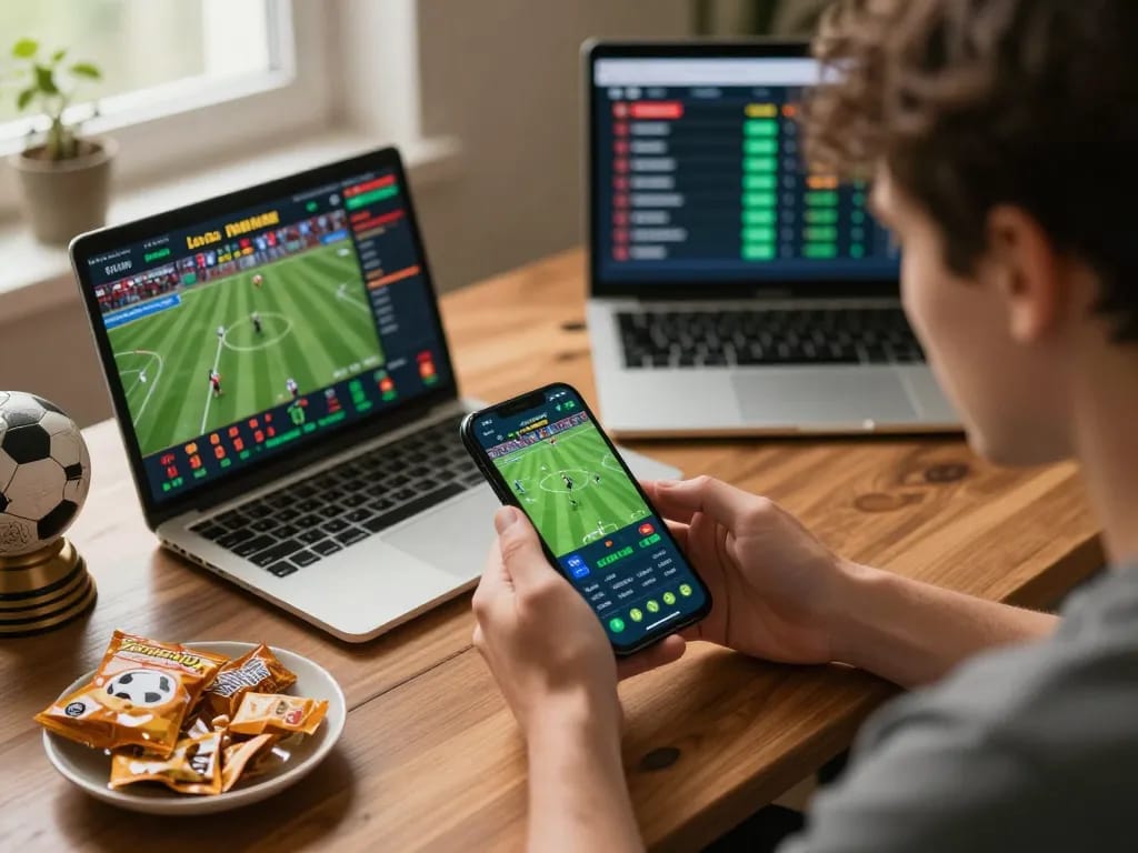 Place your bets with AX88 in an engaging sports betting scene, showcasing a user excitedly using an app on their smartphone.