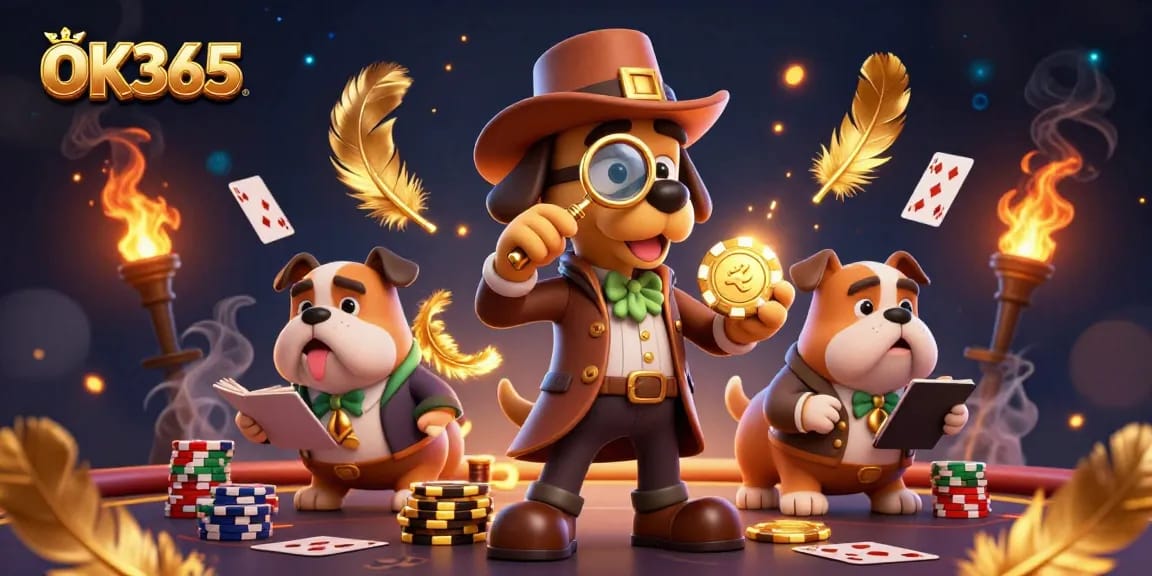 Engage with OK365 as a detective cartoon investigates poker chips amidst dynamic casino elements.