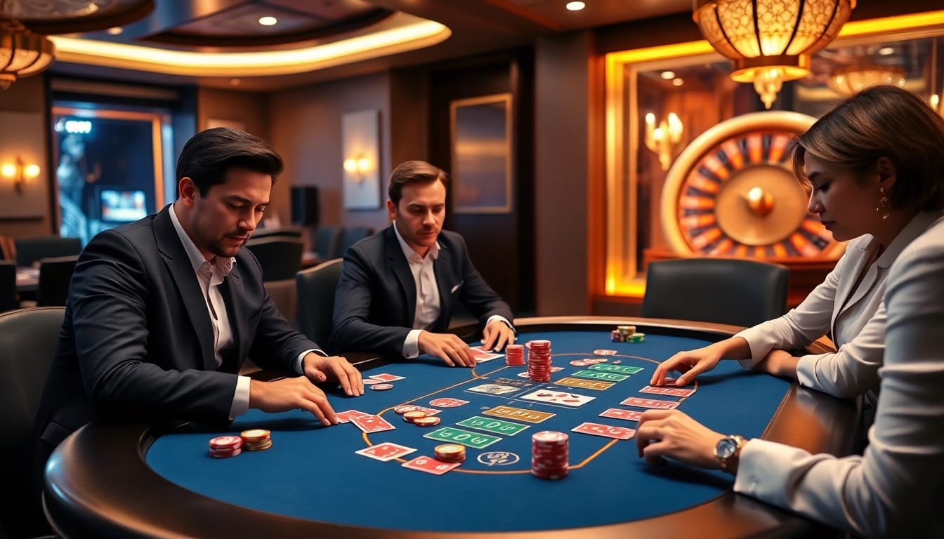 Kèo Nhà Cái poker gameplay scene with engaging players and luxurious casino ambiance.