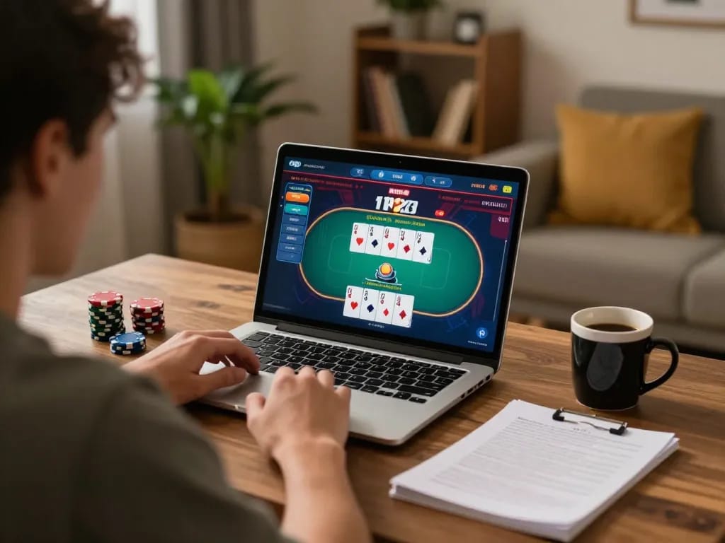 Engaged player strategizing in online poker at home with Bayvip interface displayed