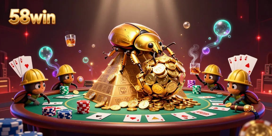 Experience excitement at 58win as a golden beetle rolls coins amidst vibrant poker action.