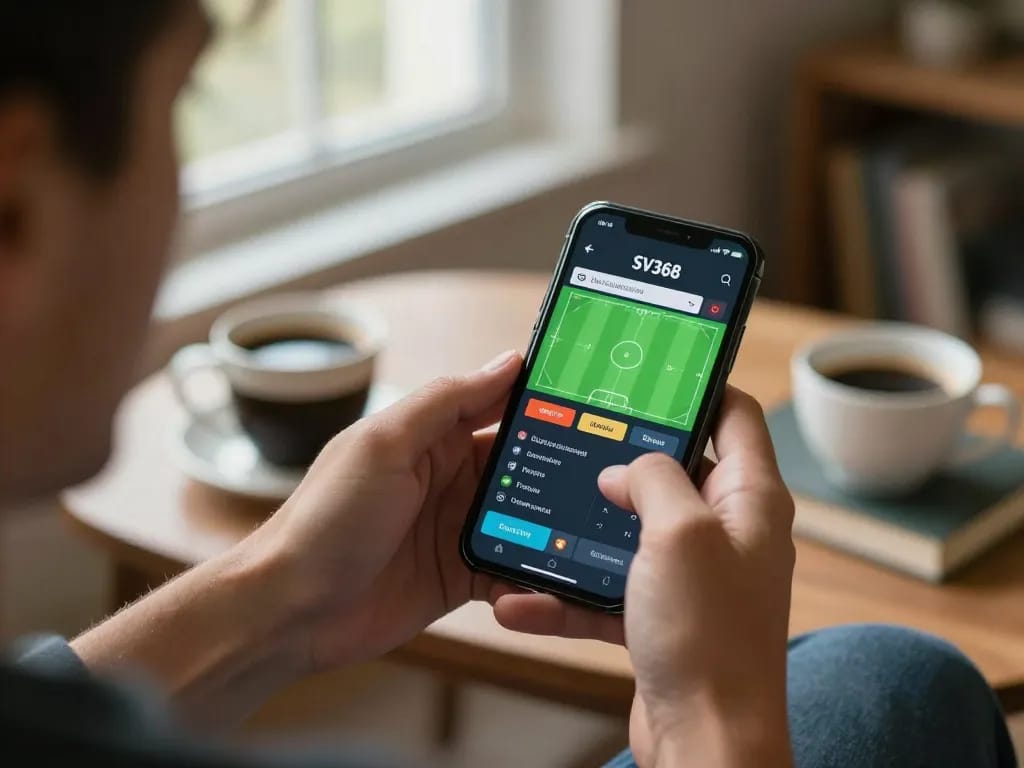Engaging with the SV368 app for sports betting in a cozy home setting.