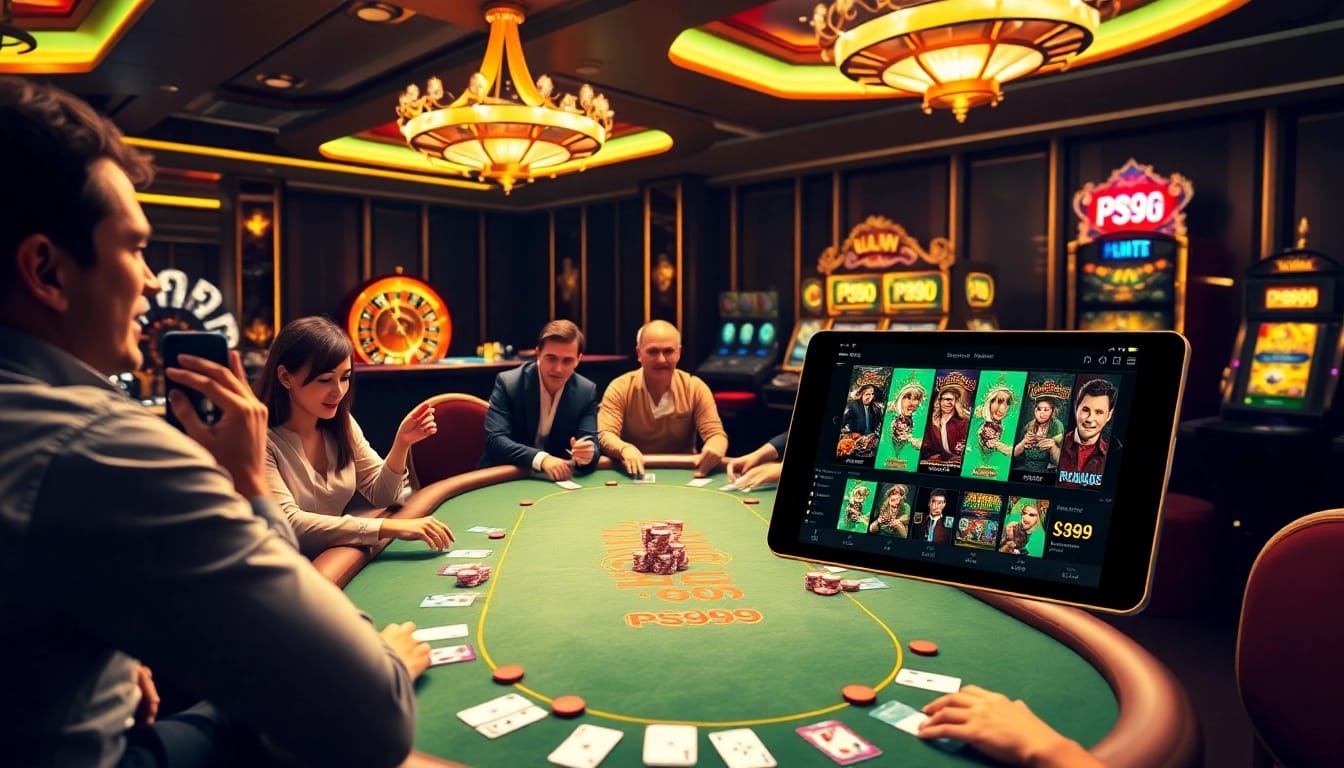 Experience the thrill of online gambling at nhà cái PS99 with poker tables and vibrant gaming elements.