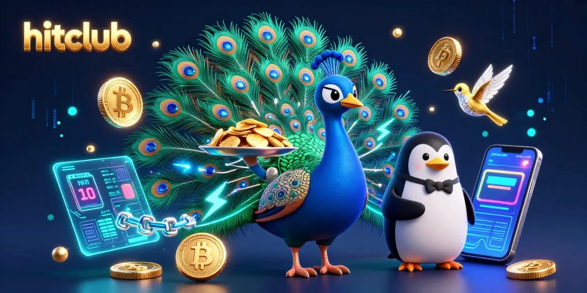 Hitclub showcases a vibrant casino scene with an aristocratic peacock, a penguin butler, and a diamond-winged hummingbird.