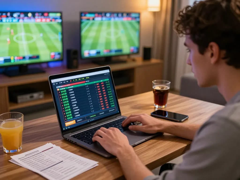 Alo8 betting enthusiast engaging with live sports odds on laptop, showcasing responsible gambling.