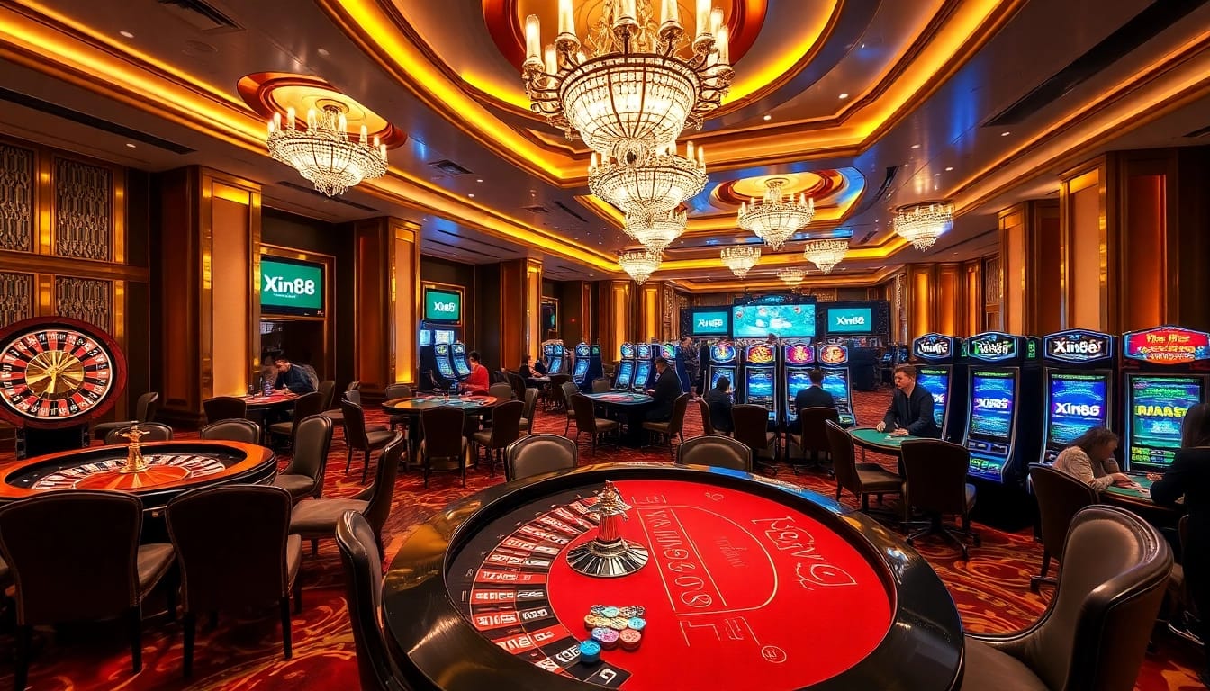 Experience the thrilling atmosphere of Xin88 with vibrant casino games and luxurious design.