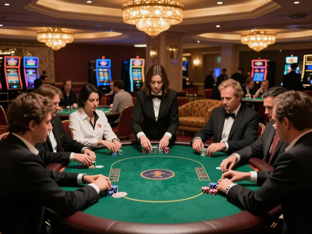 Kkwin players engaging in intense poker gameplay surrounded by a luxurious casino environment.