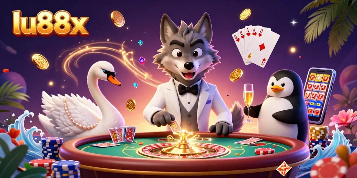 Experience the excitement of gambling at lu88x with iconic 3D characters and vibrant casino elements.