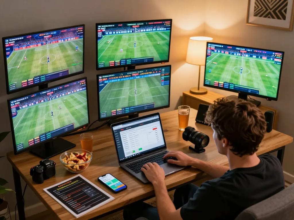Fabet sports betting scene with a user engaged in live betting from home
