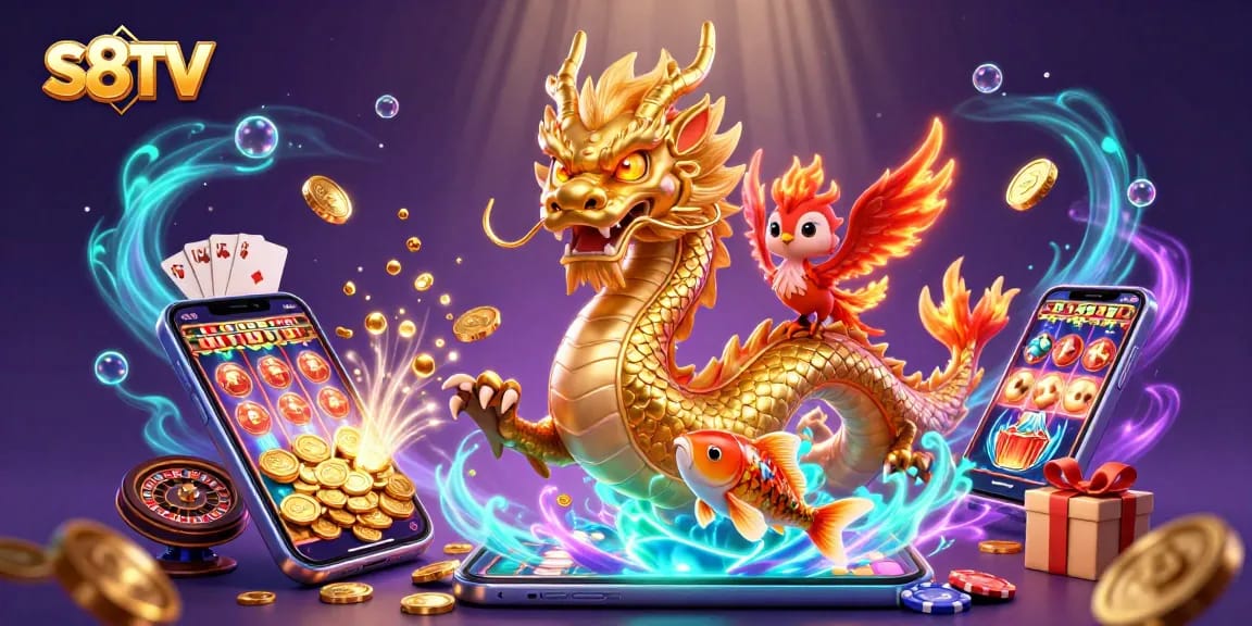 Bet on S8TV with a colorful display of slot games and dynamic characters in a vibrant casino scene.