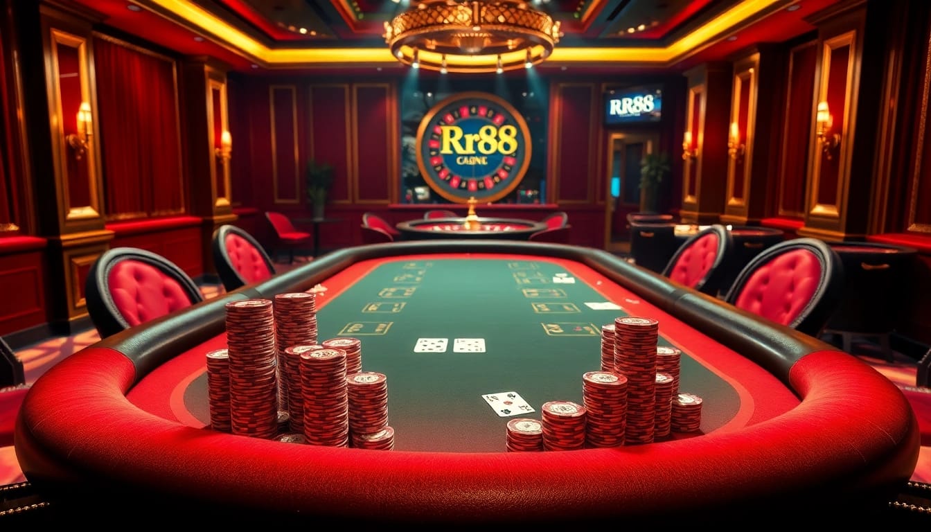 RR88 casino scene showcasing poker chips and a roulette wheel in luxurious settings