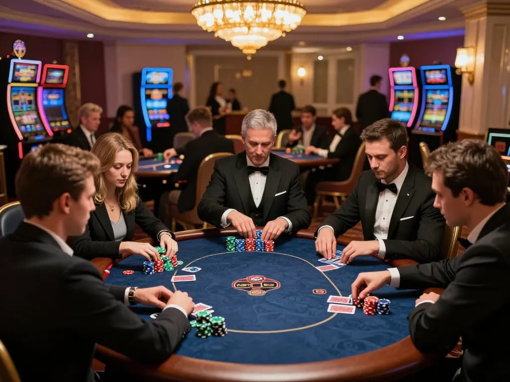 Players engaging in a vibrant poker game at Haywin casino, surrounded by colorful chips and cards.