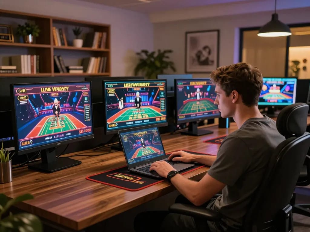 Player engaging in LLWIN live dealer casino games on a stylish laptop, showcasing a modern home office setup.