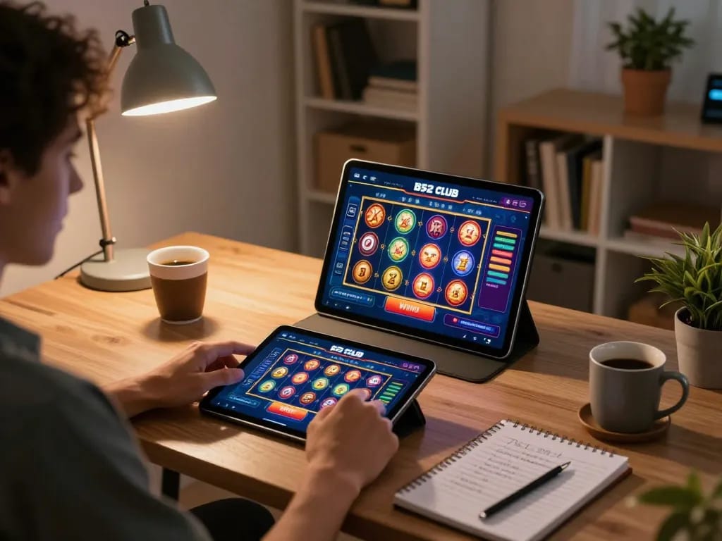 B52 Club user celebrating a big win on a slot game while playing on a tablet at home.