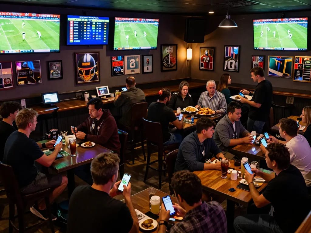 Engaged fans placing bets on football matches while watching games live in a vibrant sports bar.