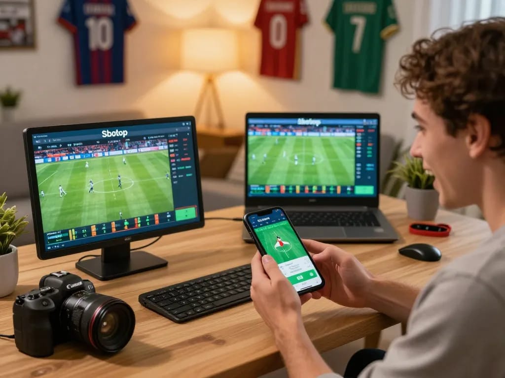 Person monitoring live sports odds on Sbotop app while enjoying a cozy home setting.