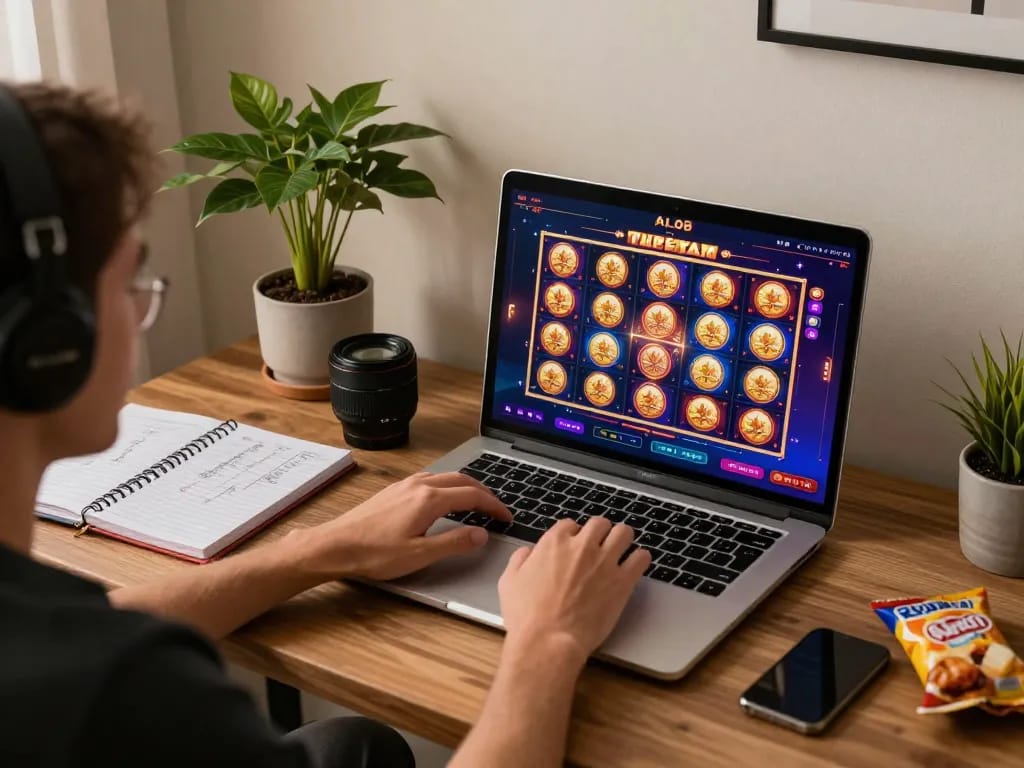 Player engaging in online gambling on ALO8 platform, enjoying vibrant slot games from home