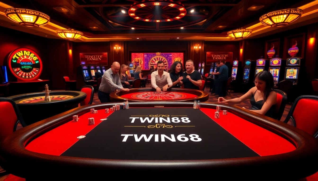 Players enjoying TWIN68 branded games at a vibrant casino table, showcasing excitement and luxury.