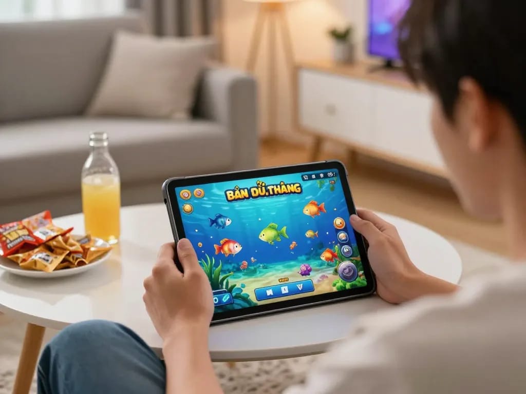 Bắn Cá Đổi Thưởng gameplay displayed on tablet screen, enhancing the home gaming experience in a cozy environment