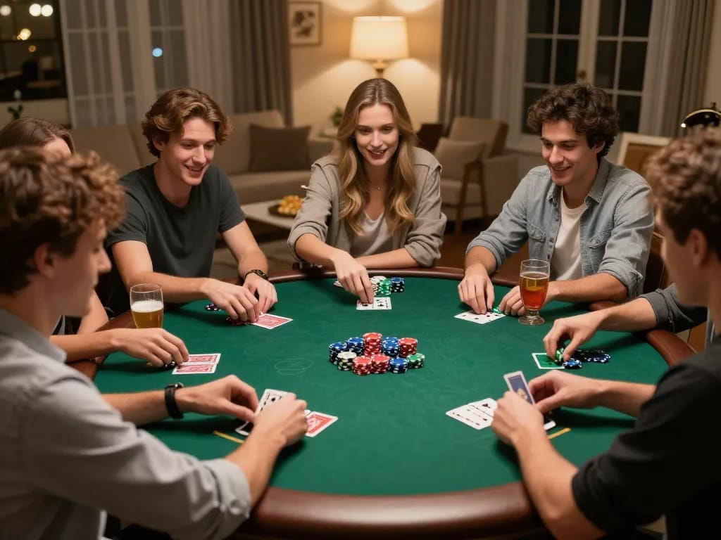 rokok88 daftar friends enjoying an exciting poker game in a cozy home setting