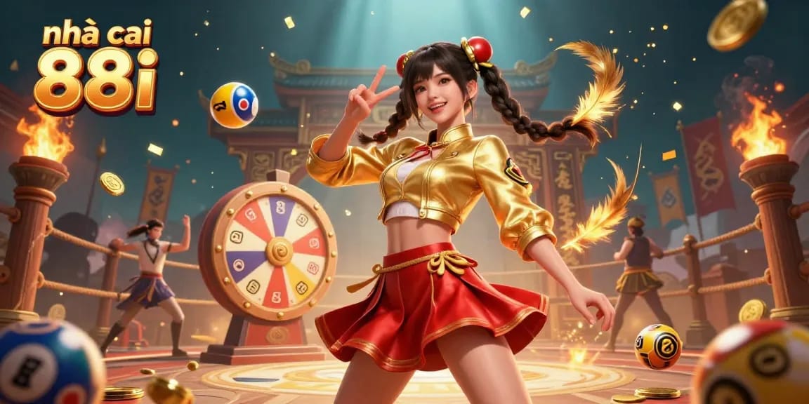 Engage with nhà cái 88i as a vibrant Asian woman celebrates over colorful lottery balls and a spinning prize wheel in a festive casino scene.