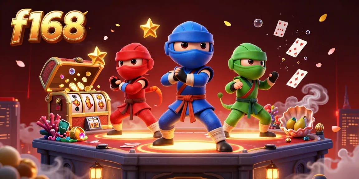 Experience f168 casino thrills with dynamic ninja chameleons amidst casino elements in an engaging 3D scene.