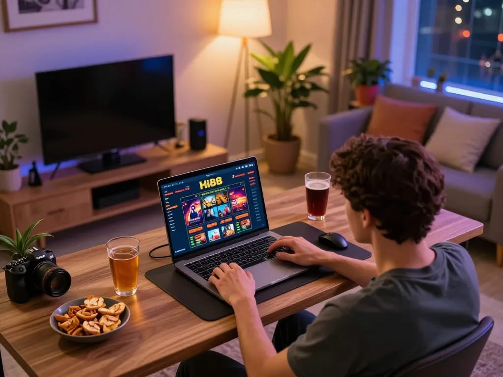 Engaged player using Hi88 on laptop in cozy home gaming setup, reflecting strategic online gambling.