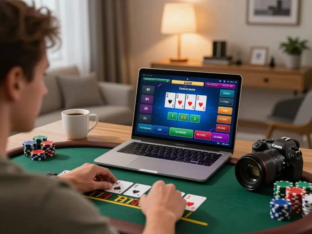 VN88 player engaging in a live blackjack game online with focused strategy at home.