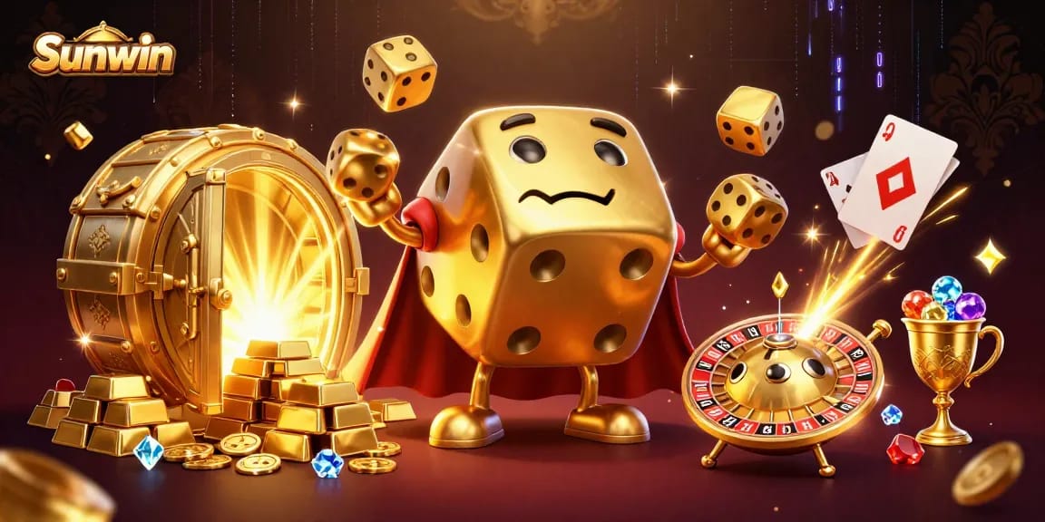 Experience thrilling gaming adventures with the golden dice golem character in Sunwin's vibrant casino scene.