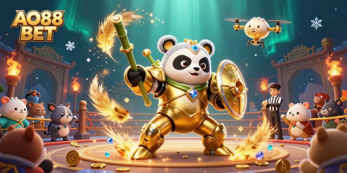 Bet big with AO88 BET in an action-packed casino battle arena featuring 3D characters and vibrant effects.